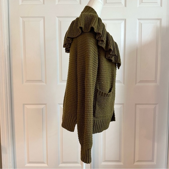 Madewell Olive Green Ruffle Chunky Knit Cardigan Sweater - Picture 4 of 6